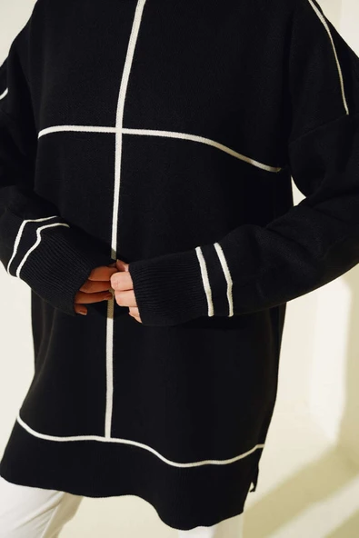 Çizgi Detaylı Basic Triko Tunik Siyah - 4