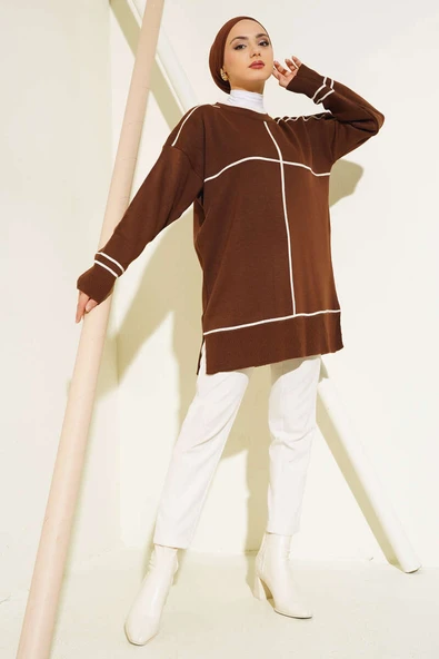 Çizgi Detaylı Basic Triko Tunik Kahve - 2