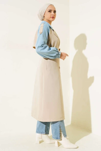 Kolu Kot Garnili Trençkot Bej - Resim 3