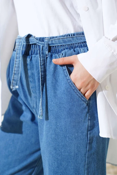 Kuşaklı Bel Lastikli Kot Pantolon Kot - Resim 4