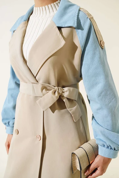 Kolu Kot Garnili Trençkot Bej - Resim 4