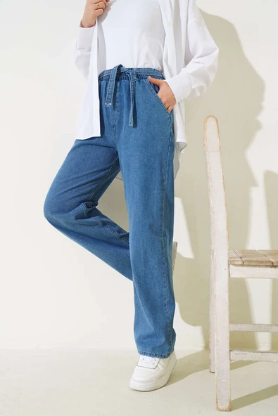 Kuşaklı Bel Lastikli Kot Pantolon Kot - Resim 2