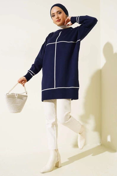 Çizgi Detaylı Basic Triko Tunik Lacivert - 2