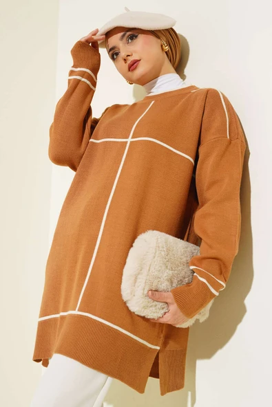 Çizgi Detaylı Basic Triko Tunik Latte ürün görseli 1