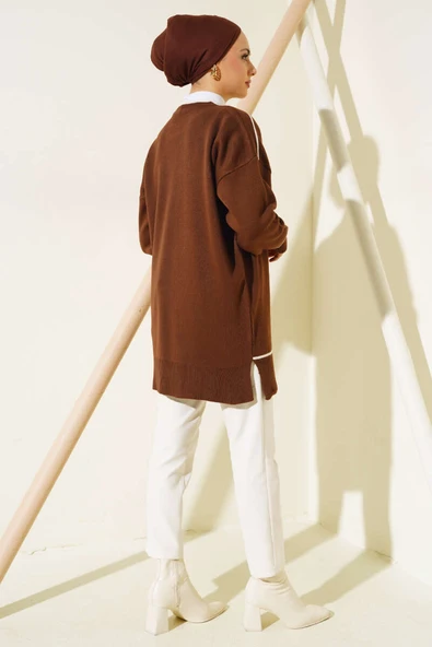 Çizgi Detaylı Basic Triko Tunik Kahve - 3