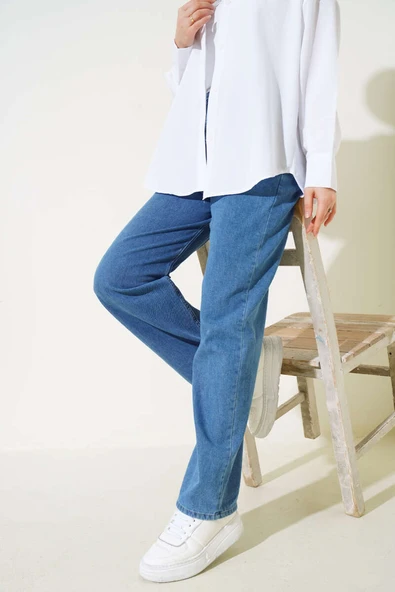 Kuşaklı Bel Lastikli Kot Pantolon Kot ürün görseli 1