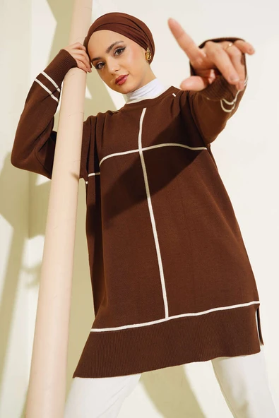 Çizgi Detaylı Basic Triko Tunik Kahve