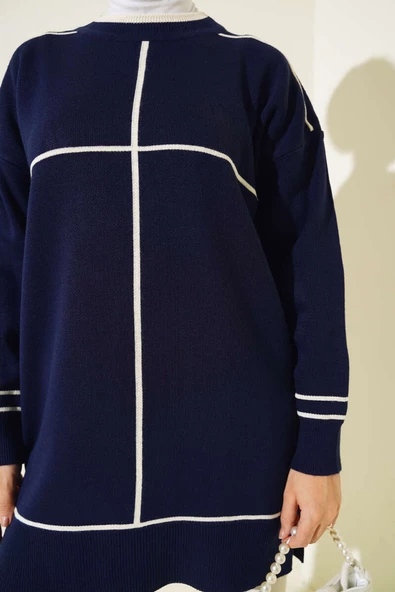 Çizgi Detaylı Basic Triko Tunik Lacivert - 4
