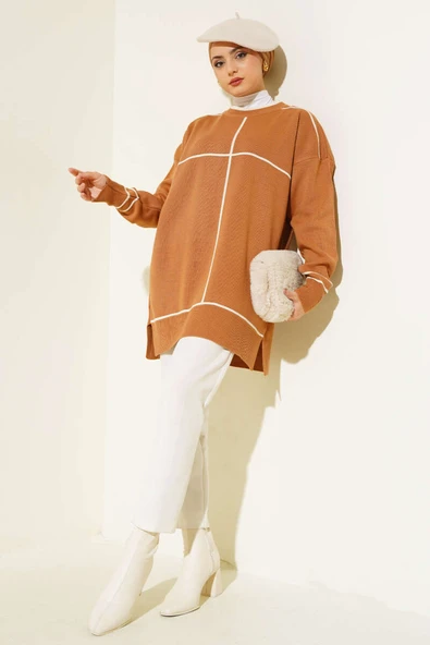 Çizgi Detaylı Basic Triko Tunik Latte - 2