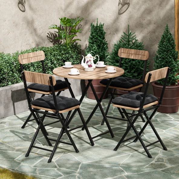 Eportatif 4 Kişilik Minderli Yuvarlak Bistro Takım Bahçe Mutfak Masa Sandalye Çam 1503