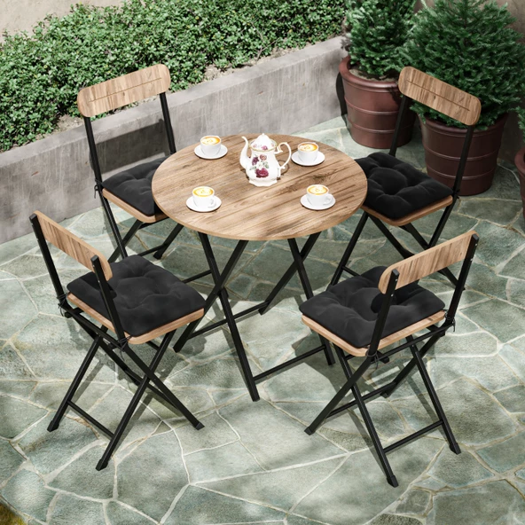 Eportatif 4 Kişilik Minderli Yuvarlak Bistro Takım Bahçe Mutfak Masa Sandalye Çam 1503 - 2
