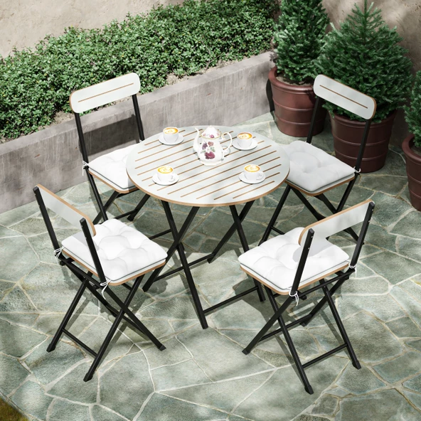 Eportatif 4 Kişilik Minderli Yuvarlak Bistro Takım Bahçe Mutfak Masa Sandalye Beyaz 1504 - 2