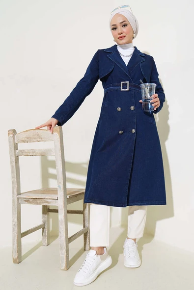 Kruvaze Yaka Kuşaklı Kot Trençkot Kot ürün görseli 1