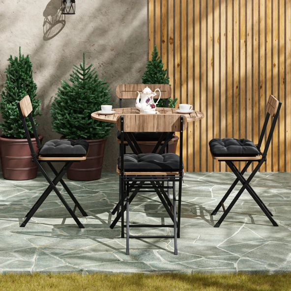 Eportatif 4 Kişilik Minderli Yuvarlak Bistro Takım Bahçe Mutfak Masa Sandalye Çam 1503 - 3