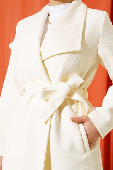 Kuşaklı Kısa Kaşe Kaban Ekru - Resim 4