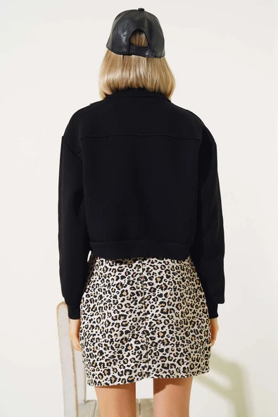 Yarım Fermuarlı Şardonlu Kısa Sweatshirt Siyah - Resim 3
