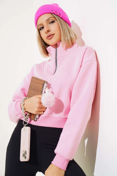 Yarım Fermuarlı Şardonlu Kısa Sweatshirt Pembe - Resim 2