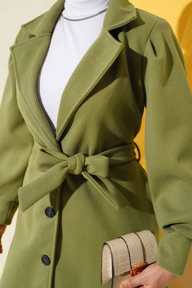 Kruvaze Yaka Kuşaklı Astarlı Kaşe Kaban Çağla Yeşili - Resim 4