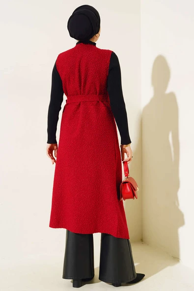 Kruvaze Yaka Uzun Buklet Yelek Bordo - Resim 3