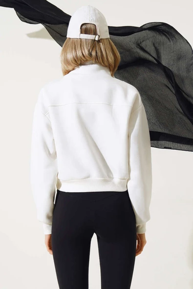 Yarım Fermuarlı Şardonlu Kısa Sweatshirt Ekru - Resim 3