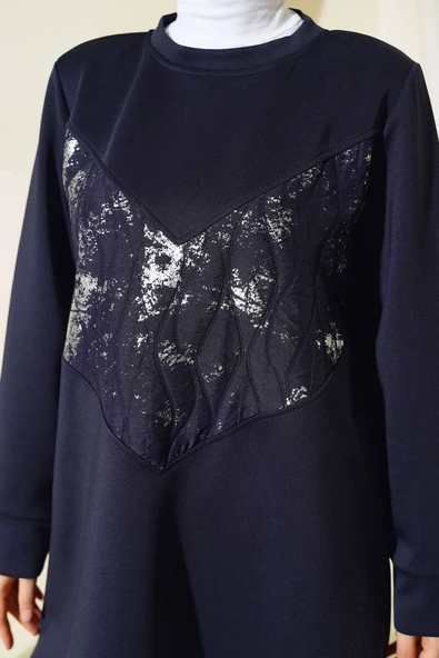 Varak Detaylı Desenli Tunik Lacivert - Resim 4