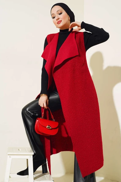 Kruvaze Yaka Uzun Buklet Yelek Bordo ürün görseli