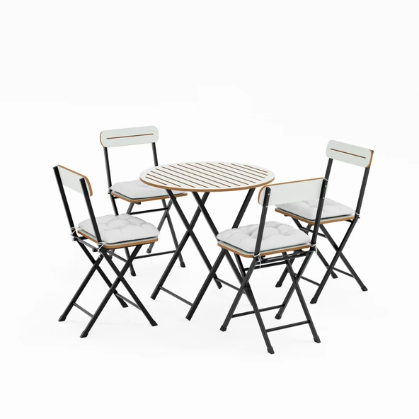 Eportatif 4 Kişilik Minderli Yuvarlak Bistro Takım Bahçe Mutfak Masa Sandalye Beyaz 1504 - 4