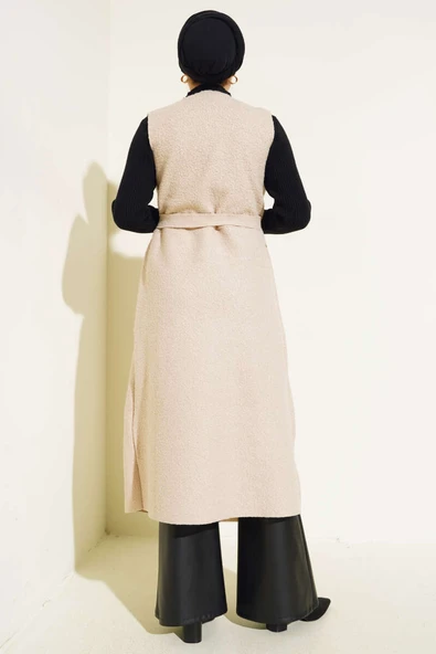 Kruvaze Yaka Uzun Buklet Yelek Bej - Resim 3