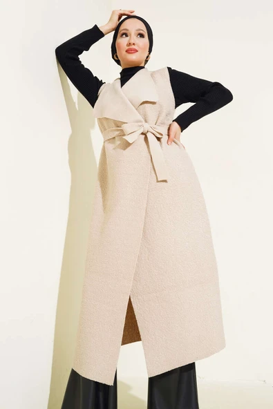 Kruvaze Yaka Uzun Buklet Yelek Bej - Resim 2