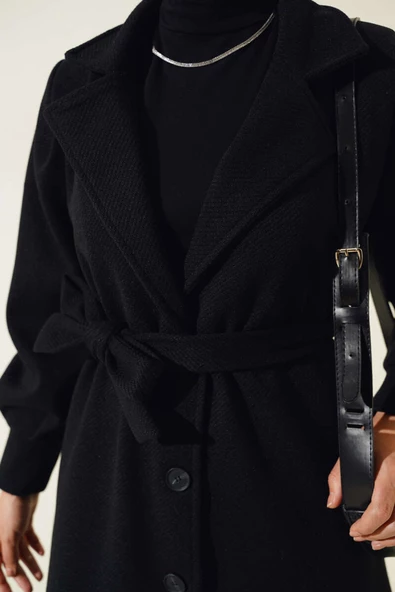 Kruvaze Yaka Kuşaklı Astarlı Kaşe Kaban Siyah - Resim 4