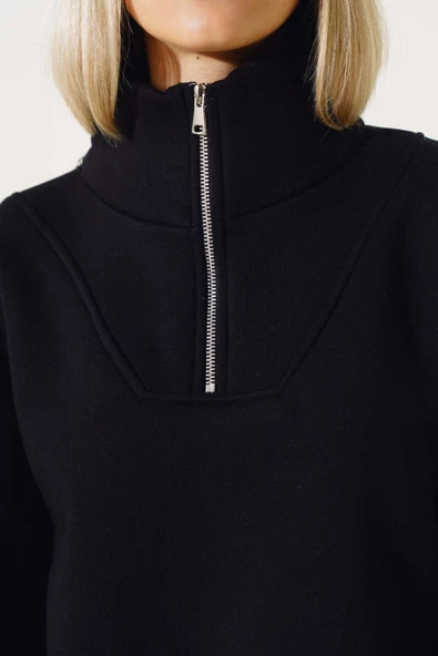 Yarım Fermuarlı Şardonlu Kısa Sweatshirt Siyah - 4