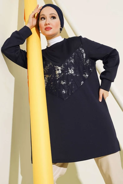 Varak Detaylı Desenli Tunik Lacivert ürün görseli 1