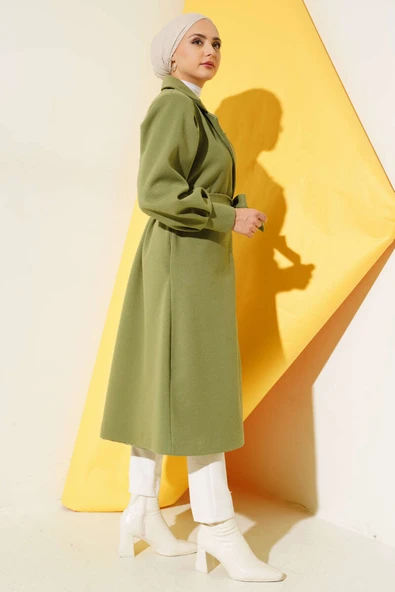 Kruvaze Yaka Kuşaklı Astarlı Kaşe Kaban Çağla Yeşili - Resim 3