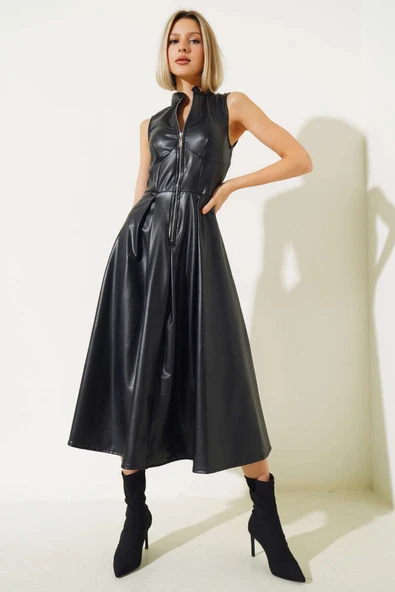 Fermuarlı Sıfır Kol Deri Elbise Siyah ürün görseli 1