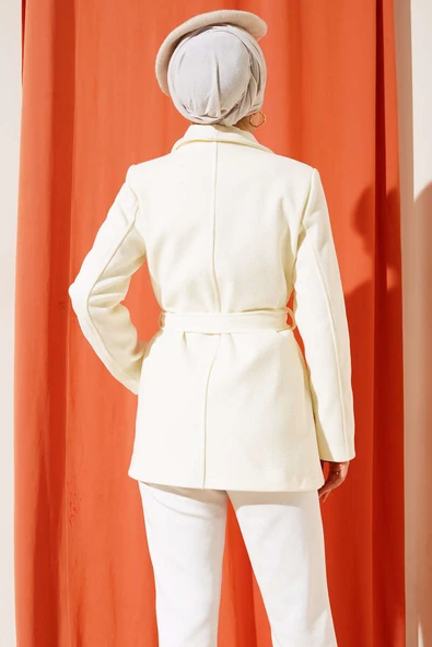Kuşaklı Kısa Kaşe Kaban Ekru - Resim 3