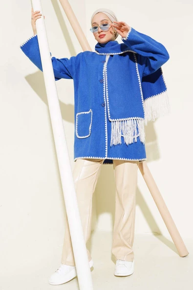 Midye Dikişli Atkılı Ceket Saks - Resim 2