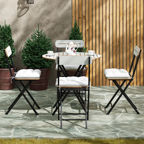 Eportatif 4 Kişilik Minderli Yuvarlak Bistro Takım Bahçe Mutfak Masa Sandalye Beyaz 1504 - 3