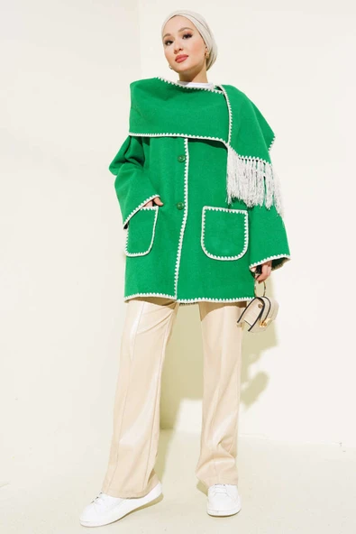 Midye Dikişli Atkılı Ceket Yeşil - 2