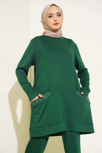 Cebi Taş Süslemeli İkili Takım Zümrüt - Resim 2