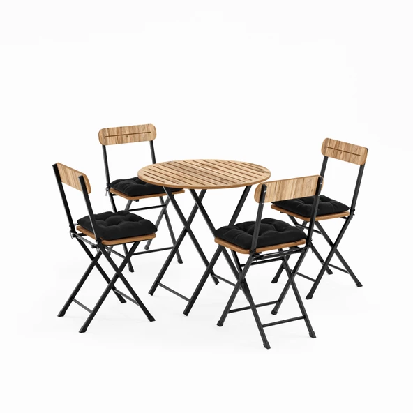 Eportatif 4 Kişilik Minderli Yuvarlak Bistro Takım Bahçe Mutfak Masa Sandalye Çam 1503 - 4