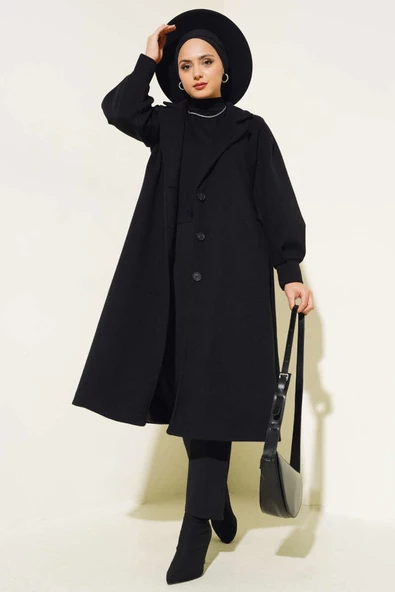 Kruvaze Yaka Kuşaklı Astarlı Kaşe Kaban Siyah ürün görseli 1