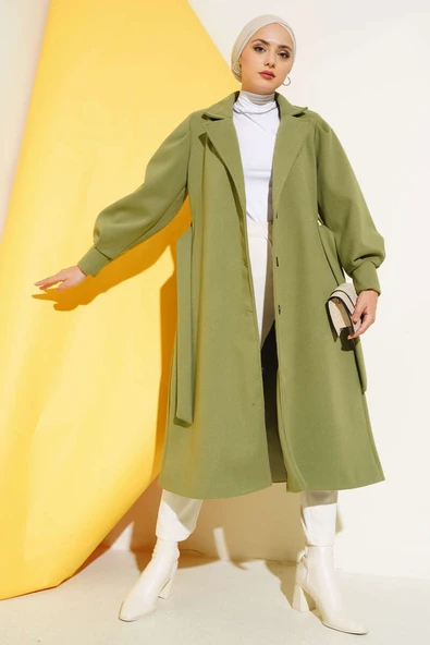 Kruvaze Yaka Kuşaklı Astarlı Kaşe Kaban Çağla Yeşili - Resim 2