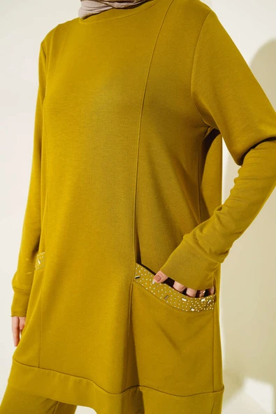 Cebi Taş Süslemeli İkili Takım Yağ Yeşili - Resim 4