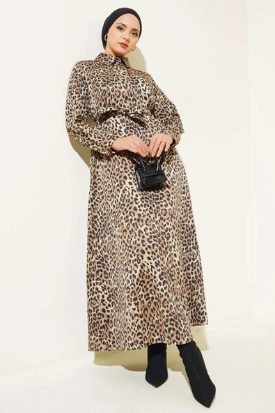 Boydan Düğmeli Leopar Desen Elbise Camel