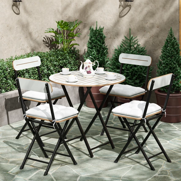 Eportatif 4 Kişilik Minderli Yuvarlak Bistro Takım Bahçe Mutfak Masa Sandalye Beyaz 1504