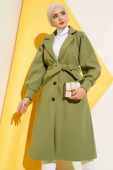 Kruvaze Yaka Kuşaklı Astarlı Kaşe Kaban Çağla Yeşili ürün görseli 1