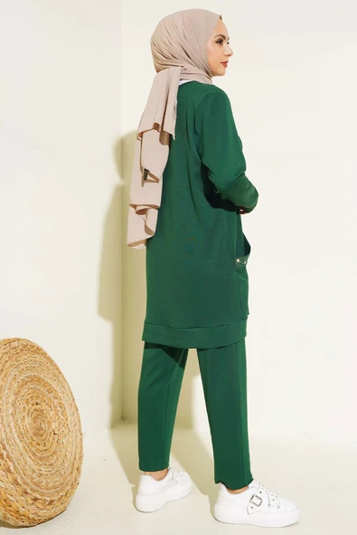 Cebi Taş Süslemeli İkili Takım Zümrüt - Resim 3