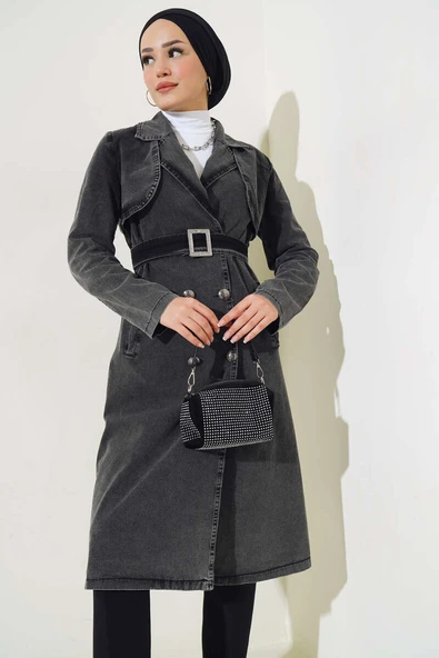Kruvaze Yaka Kuşaklı Kot Trençkot Füme ürün görseli 1