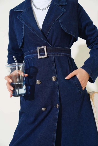 Kruvaze Yaka Kuşaklı Kot Trençkot Kot - Resim 4