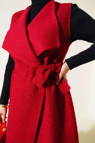 Kruvaze Yaka Uzun Buklet Yelek Bordo - Resim 4